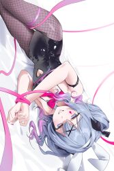 Rule 34 | 1girl, absurdres, black leotard, blue eyes, blue hair, blush, bound, bound wrists, bow, bowtie, chii (chiiriring), commentary request, cutout above navel, fishnet pantyhose, fishnets, gradient hair, grey pantyhose, hatsune miku, highres, latex, latex leotard, leotard, looking at viewer, lying, multicolored hair, on bed, on side, pantyhose, pink hair, pink ribbon, rabbit hole (vocaloid), red bow, red bowtie, ribbon, smile, solo, strapless, strapless leotard, teardrop facial mark, twintails, upside-down, vocaloid, wavy hair
