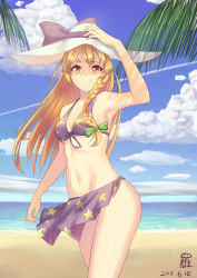 Rule 34 | 1girl, armpits, beach, bikini, black cat ronaldinho, blonde hair, blue sky, bow, braid, breasts, cleavage, cloud, contrail, cowboy shot, dated, day, hair bow, hand on headwear, hat, hat bow, hip focus, horizon, kirisame marisa, long hair, looking at viewer, navel, ocean, outdoors, palm tree, sarong, signature, single braid, sky, small breasts, smile, solo, standing, star (symbol), star print, sun hat, swimsuit, thighs, touhou, tree, yellow eyes