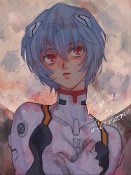 Rule 34 | 1girl, absurdres, ayanami rei, blue hair, bodysuit, english text, full moon, hand on own chest, highres, looking afar, matsuko (mrimri3), moon, neon genesis evangelion, parted lips, plugsuit, red eyes, short hair, solo, upper body, white bodysuit