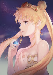 Rule 34 | 1girl, bare shoulders, bishoujo senshi sailor moon, blonde hair, blue eyes, crescent, crescent facial mark, double bun, dress, earrings, facial mark, flat chest, forehead mark, from side, gem, hair bun, hair ornament, heart, highres, holding, jewelry, long hair, looking away, meto31, neo queen serenity, night, night sky, parted lips, princess serenity, sky, solo, star (sky), strapless, strapless dress, stud earrings, tiara, tsukino usagi, twintails, upper body, white dress, wind