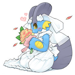 Rule 34 | 1girl, animal hands, blue skin, blush, bouquet, bridal veil, bride, closed mouth, clothed pokemon, colored sclera, colored skin, creatures (company), dress, female focus, fins, flat chest, flower, from side, full body, furry, furry female, game freak, gen 3 pokemon, hands up, head fins, heart, highres, holding, holding bouquet, kame (3t), looking at viewer, multicolored skin, nintendo, petals, pokemon, pokemon (creature), raised eyebrows, red flower, see-through, simple background, sitting, sleeveless, sleeveless dress, solo, swampert, tail, two-tone skin, veil, wedding dress, white background, white dress, white skin, yellow eyes, yellow sclera, yokozuwari
