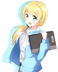 Rule 34 | 1girl, :d, blonde hair, blue jacket, dress shirt, ellen baker, green eyes, hair ornament, hair over shoulder, highres, holding, jacket, long hair, new horizon, open clothes, open jacket, open mouth, ponytail, shirt, simple background, smile, solo, standing, taka-chan, white background, white shirt