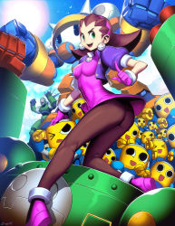 Rule 34 | &gt; &lt;, 1boy, 1girl, :d, ass, bon bonne (mega man), breasts, brown hair, capcom, cropped jacket, earrings, genzoman, gloves, green eyes, hair pulled back, hair slicked back, hairband, impossible clothes, jacket, jewelry, long hair, looking at viewer, looking to the side, medium breasts, mega man (series), mega man legends (series), open mouth, pantyhose, pink footwear, puffy short sleeves, puffy sleeves, purple hairband, robot, servbot (mega man), shoes, short sleeves, skin tight, smile, solo focus, teisel bonne (mega man), tron bonne (mega man), wedge heels, white hair