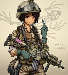 Rule 34 | 1girl, american flag, ammunition pouch, animal skeleton, arm tattoo, artist name, assault rifle, black hair, body armor, brown pants, brown shirt, buckle, bulletproof vest, camouflage, camouflage pants, closed mouth, collarbone, combat helmet, commentary, cowboy shot, desert camouflage, english commentary, fatigues, foregrip, gloves, goggles, goggles on headwear, gradient background, grey gloves, grey headwear, gun, gun sling, handgun, helmet, holstered, iraq war, laser sight, light brown background, load bearing equipment, looking at viewer, m4 carbine, middle finger, military, military uniform, optical sight, orange eyes, original, pants, pasgt helmet, patch, pouch, rifle, shirt, short hair, short sleeves, sleeves rolled up, smile, snap-fit buckle, soldier, solo, tattoo, trigger discipline, two-tone gloves, uniform, united states army, vertical foregrip, vkontakte username, watermark, weapon, web address, zap-nik