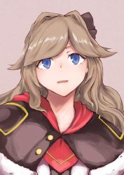 Rule 34 | azur lane, black capelet, blue eyes, brown hair, brown ribbon, capelet, coat, commentary request, dorsetshire (azur lane), fur-trimmed capelet, fur trim, grey background, hair intakes, hair ribbon, long hair, looking at viewer, marshall k, neckerchief, parted lips, red neckerchief, ribbon, sidelocks, simple background, solo, upper body, white coat