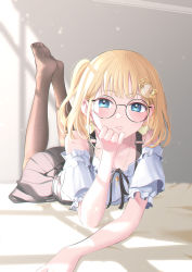 Rule 34 | 1girl, absurdres, bare shoulders, bed sheet, black-framed eyewear, black skirt, blue eyes, blush, brown pantyhose, closed mouth, earrings, feet up, glasses, gou d, hair ornament, hairclip, heart, heart earrings, heart in eye, highres, hololive, hololive english, jewelry, looking at viewer, lying, necklace, off-shoulder shirt, off shoulder, on bed, on stomach, one side up, pantyhose, round eyewear, shirt, skirt, solo, sparkle, suspender skirt, suspenders, symbol in eye, virtual youtuber, watson amelia, watson amelia (street casual), white shirt, window shadow, x hair ornament