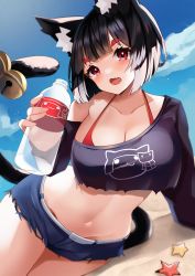 Rule 34 | 1girl, absurdres, animal ear fluff, animal ears, arm support, asymmetrical clothes, azur lane, bell, belt, bikini, bikini under clothes, black hair, blue shorts, blue sky, blunt bangs, blush, bob cut, bottle, breasts, cat ears, cat girl, cat tail, cleavage, cloud, commentary request, crop top, day, detached sleeves, fang, highres, holding, holding bottle, huge filesize, jingle bell, large breasts, long sleeves, looking at viewer, navel, official alternate costume, on ground, open mouth, outdoors, red bikini, sand, short hair, short shorts, shorts, single bare shoulder, single detached sleeve, skin fang, sky, solo, starfish, stomach, swimsuit, tail, tail bell, tail ornament, thick eyebrows, yamaha tsui, yamashiro (azur lane), yamashiro (vacation offensive!) (azur lane)