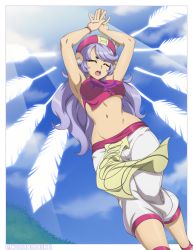 Rule 34 | 1girl, absurdres, animal ears, armpits, arms up, blue sky, border, borrowed character, bracelet, breasts, chinese clothes, chuunioniika, closed eyes, commentary, commission, day, dudou, english commentary, feathers, harem pants, hat, highres, jewelry, light purple hair, long hair, lowleg, lowleg pants, medium breasts, midriff, navel, neck ring, open mouth, original, pants, pelvic curtain, short eyebrows, sky, sleeveless, solo, swept bangs, thigh gap, underboob, white border