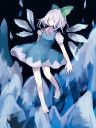 Rule 34 | 1girl, bad id, bad pixiv id, bare legs, barefoot, blue dress, blue skirt, bow, cirno, closed eyes, detached wings, dress, fairy, hair bow, htn nm, ice, ice wings, shirt, short hair, short sleeves, skirt, solo, touhou, white hair, white shirt, wings