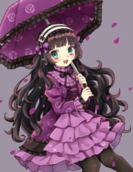 Rule 34 | 1girl, :d, animal crossing, aqua eyes, black hair, black lips, black pantyhose, black ribbon, blunt bangs, bow, buttons, cross-laced clothes, dress, eyelashes, floral print, frills, gothic lolita, hairband, heart, holding, holding umbrella, juliet sleeves, lipstick, lolita fashion, lolita hairband, long hair, long sleeves, makeup, muffy (animal crossing), neck ribbon, nintendo, open mouth, over shoulder, pantyhose, parasol, personification, petals, puffy sleeves, purple bow, purple dress, purple umbrella, ribbon, rii (pixiv11152329), rose print, smile, solo, striped, striped bow, umbrella, very long hair, wavy hair