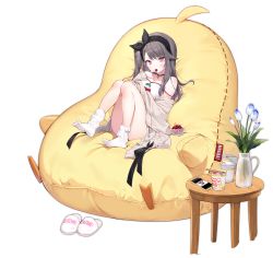 Rule 34 | 1girl, azur lane, bean bag chair, black hairband, brown cardigan, byulzzi, cardigan, cellphone, cherry, chopsticks, closed eyes, eating, flower, food, fruit, grey hair, hairband, highres, instant ramen, long hair, looking at viewer, nissin cup noodle, official alternate costume, official art, one side up, open cardigan, open clothes, open mouth, pamiat merkuria (azur lane), pamiat merkuria (sweet cherry memories) (azur lane), phone, purple eyes, sitting, smartphone, smile, socks, solo, transparent background, vase, white socks