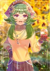 Rule 34 | :d, blurry, blurry background, breasts, brown eyes, brown gloves, brown skirt, commentary request, commission, cupcake, depth of field, flower, food, freckles, gloves, green hair, hair flower, hair ornament, hand up, head scarf, holding, holding food, indie virtual youtuber, kira mint, kou hiyoyo, long hair, looking at viewer, medium breasts, open mouth, pointy ears, skeb commission, skirt, smile, striped clothes, striped skirt, sunflower, sunflower hair ornament, sweater, thick eyebrows, vertical-striped clothes, vertical-striped skirt, virtual youtuber, yellow flower, yellow sweater