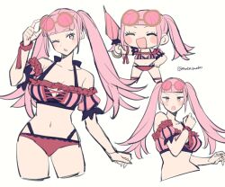 Rule 34 | 1girl, :o, bikini, blunt bangs, blush, blush stickers, breasts, chibi, cleavage, closed eyes, collarbone, commentary request, do m kaeru, eyewear on head, fire emblem, fire emblem: three houses, fire emblem heroes, grey background, hilda valentine goneril, hilda valentine goneril (summer), holding, holding umbrella, looking at viewer, medium breasts, navel, nintendo, official alternate costume, one eye closed, open mouth, parasol, pink-tinted eyewear, pink bikini, pink eyes, pink hair, pink umbrella, round eyewear, simple background, smile, solo, stomach, sunglasses, sweatdrop, swimsuit, tinted eyewear, twintails, twitter username, umbrella