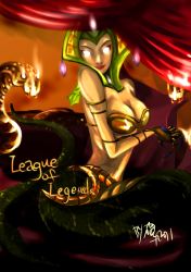 Rule 34 | 1girl, bare shoulders, breasts, cassiopeia (league of legends), claws, cleavage, curtains, demoncat, glowing, glowing eyes, helmet, lamia, league of legends, lips, monster girl, signature, snake, snake tail, solo, tail, white eyes