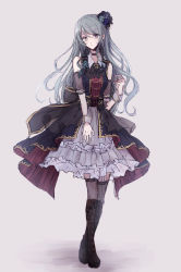Rule 34 | 1girl, 37 (pakuchiii), :|, aqua hair, aqua rose, ascot, back bow, bad id, bad pixiv id, bang dream!, black ascot, black choker, black footwear, blue flower, blue rose, boots, bow, choker, closed mouth, collared dress, crossed ankles, detached sleeves, dress, flower, frilled dress, frills, full body, green eyes, grey background, hair flower, hair ornament, highres, hikawa sayo, knee boots, long hair, looking at viewer, overskirt, rose, see-through, see-through sleeves, solo, standing, thighhighs, wrist cuffs, yellow flower, yellow rose