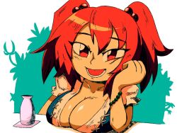 Rule 34 | 1girl, breasts, cleavage, hair bobbles, hair ornament, large breasts, onozuka komachi, red hair, setz, solo, touhou, two side up