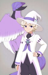 Rule 34 | 1boy, absurdres, bede (champion) (pokemon), bede (pokemon), bird, blonde hair, closed mouth, coat, commentary request, creatures (company), curly hair, galarian articuno, galarian form, game freak, gen 8 pokemon, grey background, hand on own hip, hat, hat ribbon, highres, koroni (nkrgs), legendary pokemon, long sleeves, male focus, nintendo, official alternate costume, pokemon, pokemon (creature), pokemon masters ex, purple eyes, purple ribbon, ribbon, short hair, smile, white coat, white headwear, wizard hat
