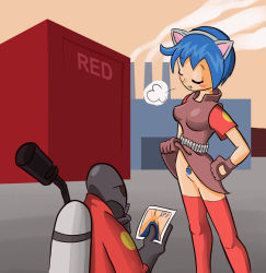 Rule 34 | 1boy, 1girl, animal ears, black gloves, blue hair, blush, body writing, bodysuit, breasts, breath, building, cat ears, closed eyes, clothes lift, dress, dress lift, factory, fake animal ears, flamethrower, gas mask, genderswap, genderswap (mtf), gloves, heavy (tf2), josue pereira, mask, medium breasts, open mouth, photo (object), pubic hair, pussy, pyro (tf2), red bodysuit, red dress, red thighhighs, short hair, short sleeves, skirt, skirt lift, smile, team fortress 2, thighhighs, weapon