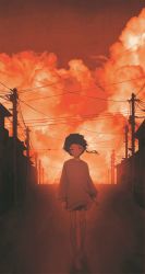 Rule 34 | 1girl, absurdres, baggy clothes, barefoot, brown eyes, brown hair, closed mouth, cloud, cloudy sky, dorothy xi, full body, hair ornament, highres, iwakura lain, long sleeves, looking at viewer, orange theme, outdoors, power lines, red sky, red theme, road, serial experiments lain, short hair, single sidelock, sky, solo, standing, street, sunset, sweater, wind, x hair ornament
