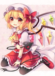 Rule 34 | 1girl, ascot, black pantyhose, blonde hair, bow, commentary request, crystal, eyebrows, flandre scarlet, hair bow, hat, highres, laevatein, looking at viewer, mob cap, orange eyes, pantyhose, puffy short sleeves, puffy sleeves, red footwear, red skirt, red vest, ruhika, shadow, shoes, short sleeves, side ponytail, sitting, skirt, solo, touhou, vest, wariza, white bow, white hat, wings, wrist cuffs, ||/