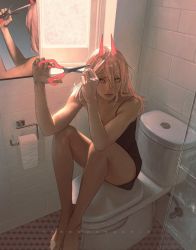 Rule 34 | 1girl, bare legs, bathroom, blonde hair, chainsaw man, commentary, cross-shaped pupils, cutting hair, cutting own hair, demon horns, holding, holding own hair, horns, long hair, mirror, power (chainsaw man), realistic, red horns, scissors, sitting, solo, symbol-only commentary, symbol-shaped pupils, toilet, wengwengchim, window