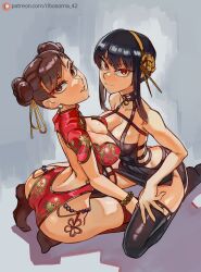 Rule 34 | 2girls, ass, breast press, breasts, butt crack, capcom, chun-li, cleavage, crossover, highres, large breasts, multiple girls, ribosoma 42, spy x family, street fighter, symmetrical docking, yor briar
