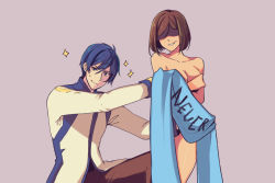 Rule 34 | 1boy, 1girl, blue eyes, blue hair, blue scarf, bob cut, breasts, brown hair, brown pants, clothed male nude female, coat, colored skin, commentary, covering privates, covering breasts, covering crotch, cowboy shot, english text, grin, highres, kaito (vocaloid), kneeling, medium breasts, meiko (vocaloid), nude, orange skin, pants, pink background, scarf, shaded face, short hair, simple background, smile, sparkle, standing, sweat, vocaloid, white coat, yen-mi