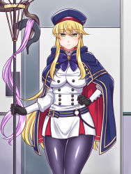 Rule 34 | 1girl, artoria caster (fate), artoria caster (fate) (cosplay), artoria caster (second ascension) (fate), artoria pendragon (fate), artoria pendragon (lancer) (fate), black gloves, blonde hair, breasts, buttons, cape, commentary request, cosplay, double-breasted, fate/grand order, fate (series), gloves, green eyes, hand on own hip, hat, holding, holding staff, large breasts, long hair, looking at viewer, pantyhose, purple pantyhose, solo, staff, yakisobapan tarou &amp; negitoro-ko