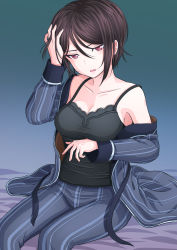Rule 34 | 1girl, asymmetrical hair, bang dream!, bare shoulders, bed sheet, black camisole, black hair, blue background, blue pajamas, blue pants, breasts, camisole, cleavage, collarbone, commentary request, cowboy shot, eyebrows hidden by hair, hair between eyes, hand on own head, highres, kitayu, large breasts, long sleeves, looking at viewer, off-shoulder shirt, off shoulder, open pajamas, pajamas, pants, parted lips, pink eyes, pinstripe pants, pinstripe pattern, shirt, short hair, simple background, single sidelock, sitting, solo, striped clothes, striped pants, striped shirt, taut clothes, vertical-striped clothes, vertical-striped pants, vertical-striped shirt, yashio rui