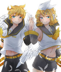 Rule 34 | 1boy, 1girl, angel wings, bare shoulders, bass clef, belt, black shorts, black sleeves, blonde hair, blue eyes, bow, brother and sister, commentary, cowboy shot, crop top, detached sleeves, eshe mr, feathers, groin, hair between eyes, hair bow, hair ornament, hairclip, headset, highres, interlocked fingers, kagamine len, kagamine rin, looking at viewer, midriff, nail polish, navel, neckerchief, necktie, ribbon, sailor collar, shirt, short hair, short shorts, short sleeves, shorts, siblings, sidelocks, simple background, sleeveless, sleeveless shirt, smile, treble clef, twins, vocaloid, white background, white shirt, wings, yellow belt, yellow nails