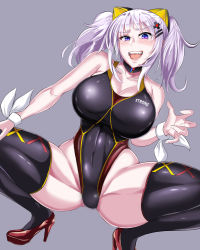 Rule 34 | 1girl, black thighhighs, blush, breasts, cleavage, competition swimsuit, highleg, highres, kaguya luna, large breasts, looking at viewer, one-piece swimsuit, puripuri jet, purple background, simple background, smile, solo, spread legs, squatting, swimsuit, teeth, the moon studio, thighhighs, twintails, virtual youtuber, white hair