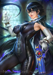 Rule 34 | 1girl, armpits, artist name, bad id, bad pixiv id, bayonetta, bayonetta (series), bayonetta 2, black-framed eyewear, black bodysuit, blurry, blurry background, bodysuit, breasts, candy, covered navel, cowboy shot, depth of field, earrings, elbow gloves, food, glasses, gloves, grey eyes, gun, hair between eyes, hand up, holding, holding gun, holding weapon, impossible bodysuit, impossible clothes, indoors, jewelry, large breasts, lollipop, long hair, looking at viewer, mole, mole under mouth, mouth hold, neoartcore, parted lips, patreon username, red lips, smile, solo, very long hair, watermark, weapon, white gloves, window, wrist cuffs