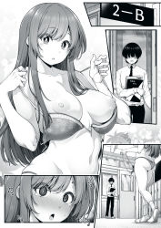 Rule 34 | 1boy, 1girl, accidental pervert, blush, breasts, commentary request, greyscale, highres, idolmaster, idolmaster shiny colors, large breasts, long hair, looking at another, monochrome, navel, nipples, osaki amana, shirokuma (nankyoku), socks, solo focus, tears, underwear, underwear only
