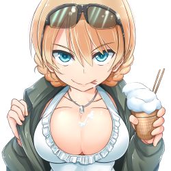 Rule 34 | 10s, 1girl, :p, black-framed eyewear, black jacket, blonde hair, blue eyes, braid, breasts, cleavage, closed mouth, commentary request, darjeeling (girls und panzer), eyewear on head, food, food on body, food on breasts, food on face, frilled swimsuit, frills, girls und panzer, holding, holding food, ice cream, ice cream cone, ice cream on face, jacket, jewelry, kitayama miuki, large breasts, licking lips, looking at viewer, necklace, one-piece swimsuit, open clothes, open jacket, short hair, smirk, solo, suggestive fluid, sunglasses, swimsuit, tongue, tongue out, twin braids, upper body, v-shaped eyebrows, white one-piece swimsuit