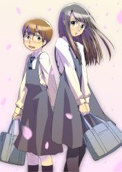 Rule 34 | 00s, 1boy, 1girl, age difference, aoi hana, ariga makoto, black hair, brown hair, crossdressing, crossover, freckles, glasses, height difference, highres, hourou musuko, manjoume fumi, nomi, school uniform, short hair, trap