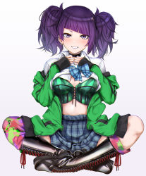 Rule 34 | 1girl, amagasa ikuta, black choker, black footwear, blue skirt, blush, boots, breasts, choker, cleavage, collared shirt, cross-laced footwear, diagonal bangs, dress shirt, green jacket, grin, highres, idolmaster, idolmaster shiny colors, indian style, jacket, knee boots, lace-up boots, long hair, long sleeves, looking at viewer, medium breasts, nail polish, off shoulder, open clothes, open jacket, open shirt, plaid, plaid neckwear, plaid skirt, pleated skirt, purple eyes, purple hair, purple nails, shirt, short twintails, simple background, sitting, skirt, smile, solo, spiked choker, spikes, tanaka mamimi, twintails, white background, white shirt