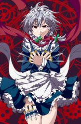 Rule 34 | 1girl, apron, between fingers, blue dress, braid, bwell, dress, gears, holding, holster, izayoi sakuya, juliet sleeves, knife, long sleeves, looking at viewer, maid, maid apron, maid headdress, perfect cherry blossom, puffy sleeves, red eyes, scarf, silver hair, solo, thigh holster, throwing knife, touhou, twin braids, waist apron, weapon
