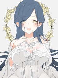 Rule 34 | 1girl, bare shoulders, blush, breasts, clothes grab, detached sleeves, dress, eyes visible through hair, flower, grey background, half updo, highres, honzuki no gekokujou, keiko (x h2o), lace trim, large breasts, lily (flower), long hair, looking at viewer, myne (honzuki no gekokujou), aged up, open mouth, rose, see-through, simple background, tareme, upper body, white dress, yellow eyes