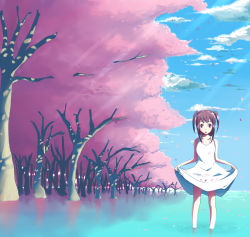 Rule 34 | 1girl, :o, bare arms, bare shoulders, blue sky, brown hair, clothes lift, cloud, clound, collarbone, day, dress, dress lift, kasai shin, lifting own clothes, long hair, looking at viewer, original, outdoors, plant, reflection, sky, solo, standing, tree, twintails, wading, water