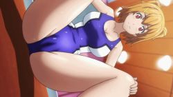 Rule 34 | 1girl, animated, animated gif, bare shoulders, blush, body blush, breasts, brown hair, cameltoe, cleavage, cleft of venus, collarbone, competition swimsuit, dutch angle, exercising, female focus, floor, hair between eyes, hair ornament, hands on own knees, indoors, kushiya inaho, large breasts, legs, light smile, looking at viewer, maken-ki!, on floor, one-piece swimsuit, red eyes, shadow, short hair, sitting, smile, solo, spread legs, swimsuit, takami akio, thighs, wet