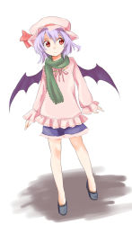 Rule 34 | 1girl, alternate costume, bat wings, blouse, casual, contemporary, female focus, frills, hat, hat ribbon, light purple hair, makuwauri, no socks, red eyes, remilia scarlet, ribbon, scarf, shirt, short hair, shorts, sleeves past wrists, solo, touhou, wings