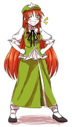 Rule 34 | 1girl, beret, braid, caramelized tomatoes, china dress, chinese clothes, dress, flats, green headwear, hat, hong meiling, laughing, long hair, pants, puffy short sleeves, puffy sleeves, red hair, short sleeves, standing, touhou, twin braids, white pants