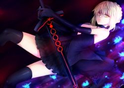 Rule 34 | 1girl, artist name, artoria pendragon (all), artoria pendragon (fate), bare shoulders, black gloves, black thighhighs, blonde hair, blue dress, closed mouth, collarbone, criss-cross halter, dress, dutch angle, elbow gloves, expressionless, fate/grand order, fate (series), gloves, glowing, glowing sword, glowing weapon, halterneck, holding, holding sword, holding weapon, lips, looking at viewer, ototuki ena, saber (fate), saber alter, short hair, solo, sword, thighhighs, unsheathed, weapon, yellow eyes, zettai ryouiki