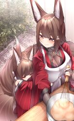 Rule 34 | 2girls, absurdres, age difference, aged down, amagi-chan (azur lane), amagi (azur lane), animal ear fluff, animal ears, apron, azur lane, blunt bangs, blush, bodysuit, breasts, bridal gauntlets, brown hair, choker, cleavage, closed eyes, commentary, cooking pot, dated commentary, english commentary, floor, fox ears, fox girl, fox tail, hair ornament, hands on another&#039;s waist, highres, holding, holding cooking pot, holding whisk, hug, hug from behind, japanese clothes, kimono, kitsune, kyuubi, large breasts, long hair, looking at another, multiple girls, multiple tails, plant, purple eyes, red kimono, samip, sidelocks, smile, tail, thick eyebrows, twintails, whisk, white apron, wide sleeves