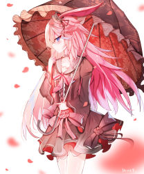 Rule 34 | 1girl, animal ears, artist name, choker, closed mouth, dress, dust9, fox ears, frilled dress, frills, highres, holding, holding umbrella, honkai (series), honkai impact 3rd, long hair, long sleeves, looking at another, looking at viewer, petals, pink hair, red choker, red dress, simple background, solo, umbrella, white background, yae sakura