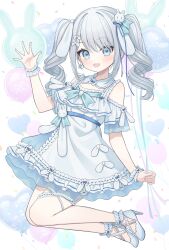 Rule 34 | 1girl, balloon, bare shoulders, blue dress, blue eyes, blush, commission, detached collar, dress, drill hair, earrings, frilled dress, frills, full body, grey hair, hair ornament, hairclip, heart balloon, high heels, highres, hiiragi kei, holding, holding balloon, jewelry, open mouth, original, rabbit hair ornament, scrunchie, skeb commission, smile, solo, twin drills, two-tone dress, white dress, wrist scrunchie