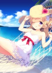 Rule 34 | 1girl, arm up, bare arms, bare shoulders, beach, blonde hair, blue sky, blush, breasts, brown hat, chitosezaka suzu, cloud, cloudy sky, commentary request, day, dress, flower, hammock, hand on headwear, hat, hat flower, horizon, long hair, looking at viewer, ocean, one eye closed, one side up, original, outdoors, palm tree, parted lips, purple eyes, purple flower, sand, sky, sleeveless, sleeveless dress, small breasts, solo, strap slip, tree, water, white dress