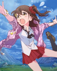 Rule 34 | 10s, 1girl, artist request, black socks, blush, bracelet, brown eyes, brown hair, flying sweatdrops, hair ornament, hairclip, idolmaster, idolmaster million live!, jewelry, kasuga mirai, kneehighs, necktie, official art, one side up, open mouth, outstretched arms, scrunchie, skirt, socks, solo, spread arms, sweatdrop