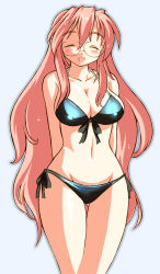 Rule 34 | 00s, 1girl, aqua background, arms behind back, bikini, blush, breasts, cleavage, closed eyes, glasses, gomamiso (gomamiso sp), large breasts, long hair, lucky star, open mouth, pink hair, simple background, smile, solo, swimsuit, takara miyuki, very long hair, wide hips
