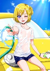 Rule 34 | 1boy, bad id, bad pixiv id, bishounen, blonde hair, car wash, day, hair between eyes, highres, hose, hugtto! precure, looking at viewer, maid headdress, male focus, male nipples, motor vehicle, navel, nipples, on vehicle, one eye closed, one side up, outdoors, precure, purple eyes, reira (reomimi0211), see-through, shirt, short shorts, shorts, sitting, smile, solo, volkswagen, volkswagen beetle, wakamiya henri, washing vehicle, water, wet, wet clothes, wet shirt